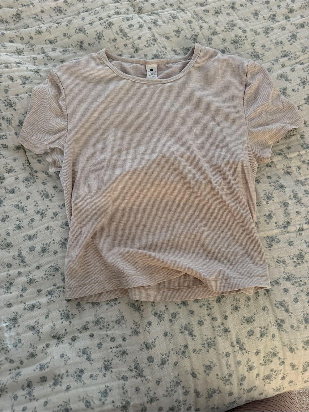 Short Sleeve Ribbed Tee - Light Beige/Pink